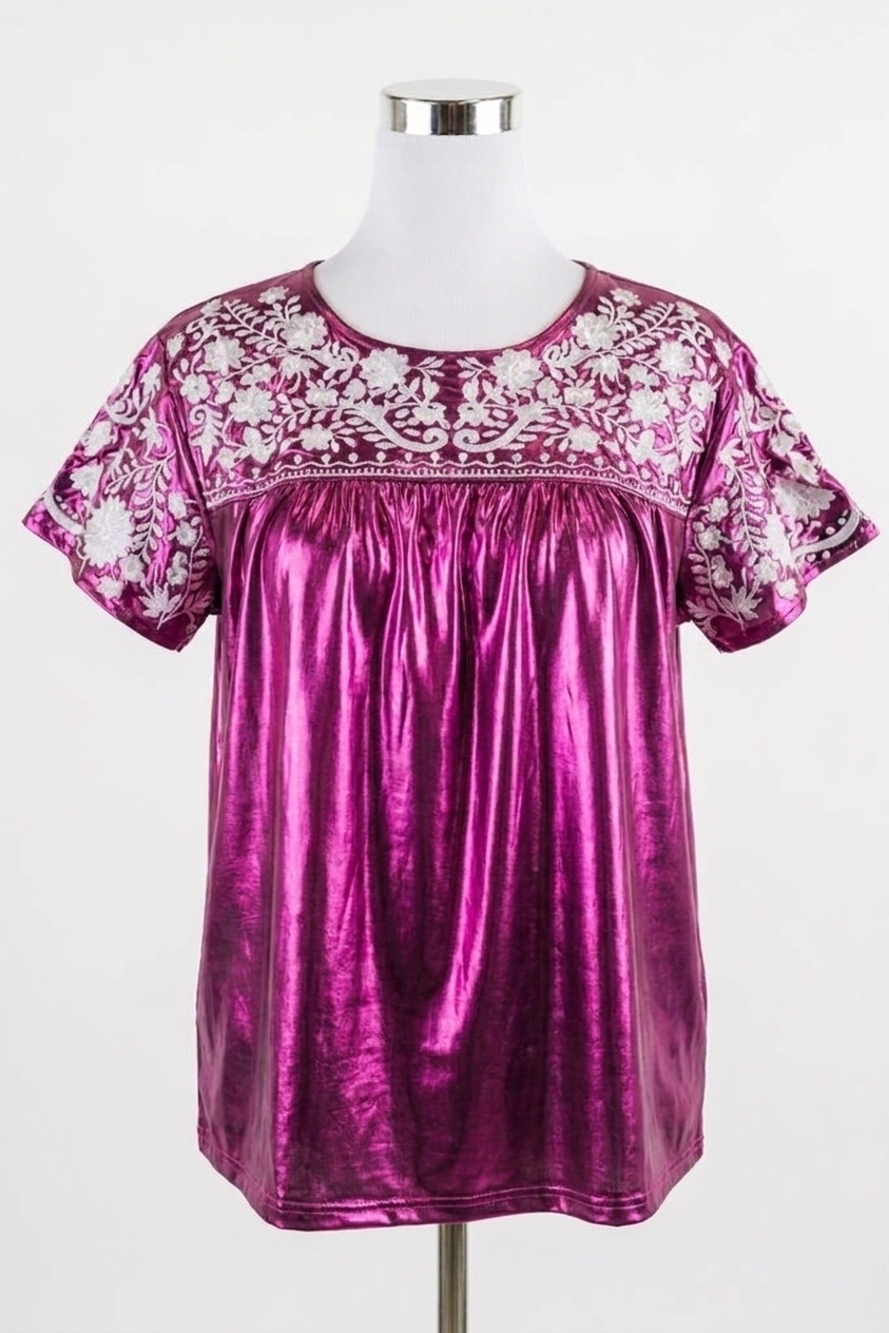 NEW LAYERZ CLOTHING embroidered metallic top in pink